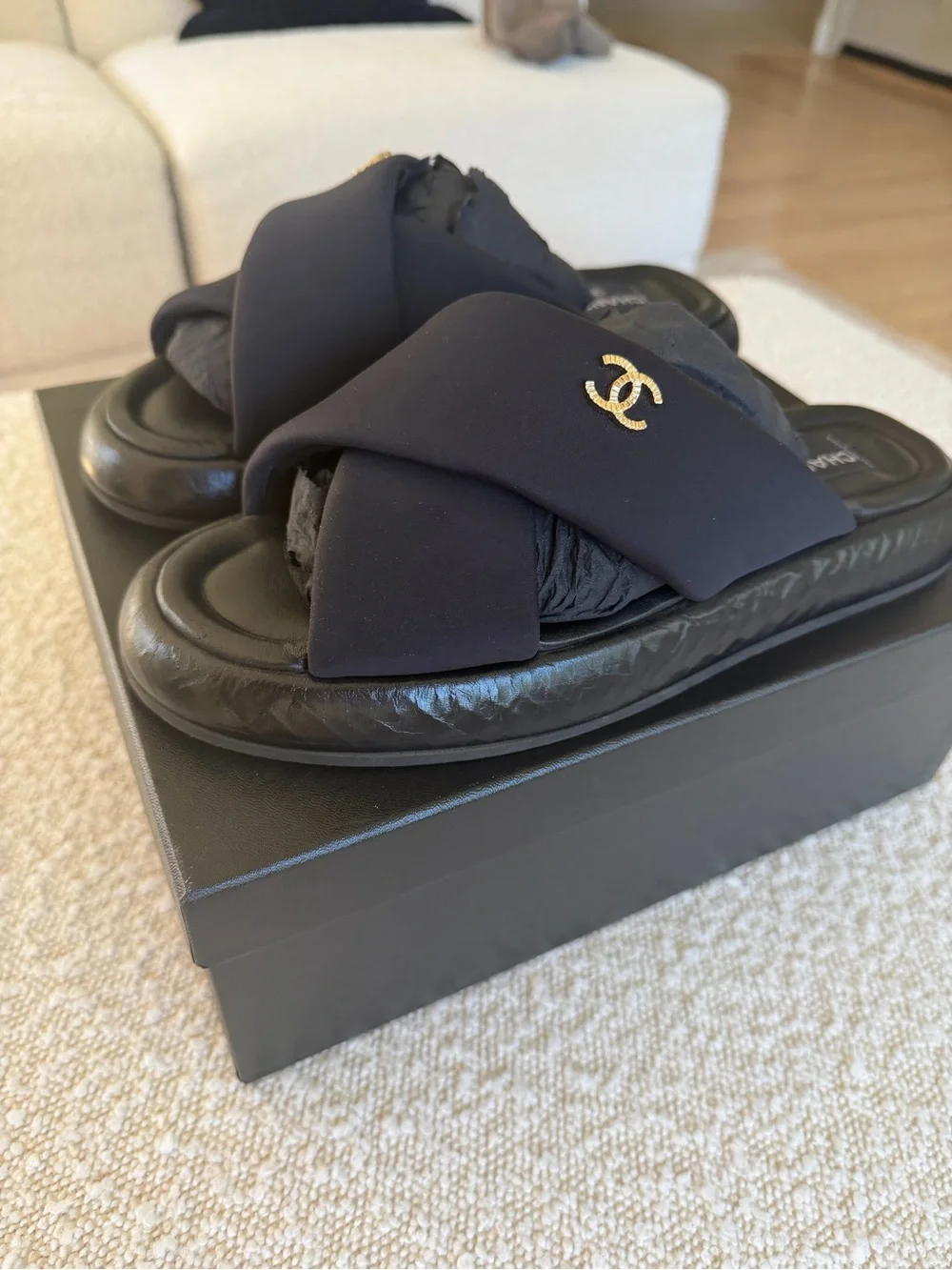 CHANEL Black Quilted CC Crossover Slide Sandals | Box Included